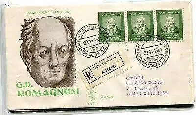 Italien FDC Venetia 1961 Romagnosi Dreierstreifen gereist Racc. für Italien