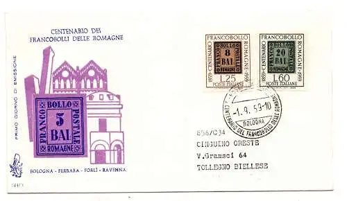 Italia FDC Venetia 1959 Cent. Franc. Romagna reiste nach Italien