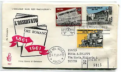 Vatikan FDC Venetia 1961 Osservatore Romano voyata Racc. für Italien