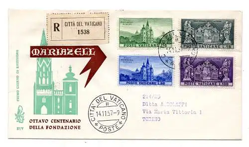 Vatikan FDC Venetia 1957 Mariazell gereist Racc. für Italien