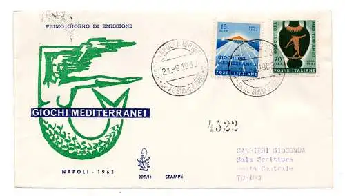 Italien 1963 Giochi Mediterranei auf FDC Venetia gereist Racc. für Italien