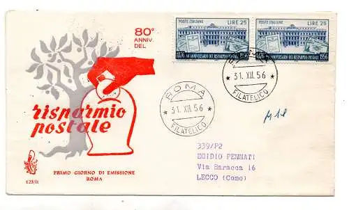 Italien FDC Venetia 1956 Postersparnis Paar gereist Racc. für Italien