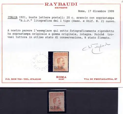 B.L.P. Michetti Cent. 20 orange Aufdruck I. Typ Nr. 2