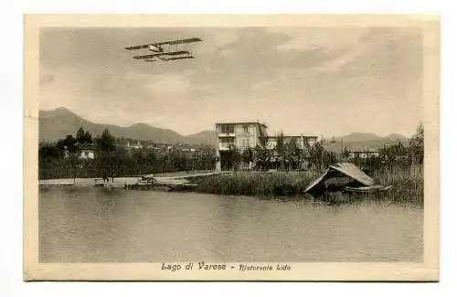 Varese See - Postkarte Restaurant Lido mit Wasserflugzeug im Flug