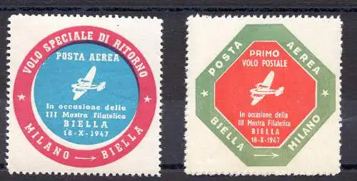 Erinnofili aviazione - Flug 1947 Biella Mailand und zurück - neuer Vollgummi - Cod. 1631/WEB