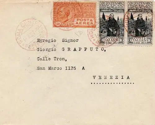 1927 Rom/Venedig vom 11.2.27 - Transadriatica Weitergeleitetes Aerogramma