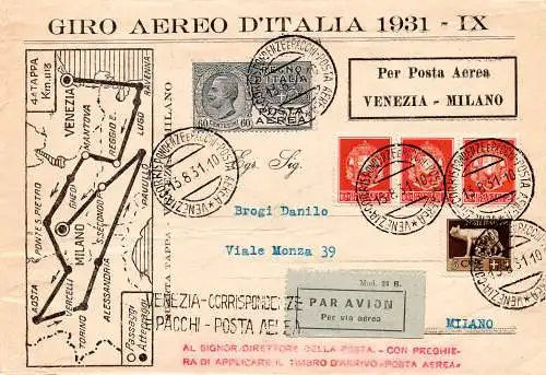 1931 Zweiter Giro d'Italia - Aerogramm für Flug vom 13.8.31