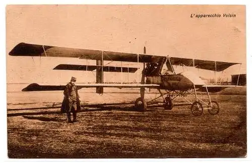 Voisin Apparat - Postkarte mit Flugzeug im Vordergrund