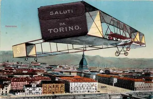 Gruss aus Turin - Farbkarte mit Flugzeug im Flug