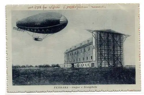 1918 Ferrara - Postkarte mit Hangar und Luftschiff