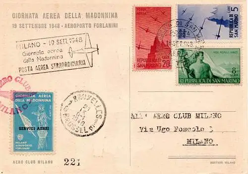 (San Marino) Mailand/Rom vom 19.9.48 Lufttag der Madonna