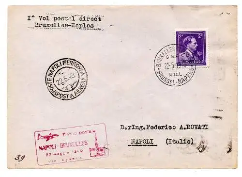 Sabena I. Flug Brüssel/Neapel vom 22.5.49 - Aerogramm ab Brüssel