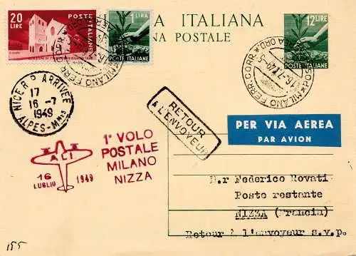 A.L.I. I. Flug Mailand/Nizza vom 16.7.49 - Postkarte Lire 12