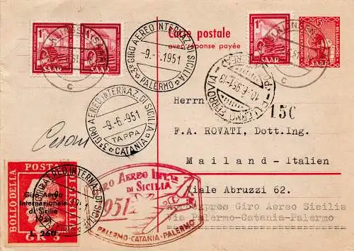 3. Giro Aereo di Sicilia vom 9.6.51 (Saarland) - Postkarte