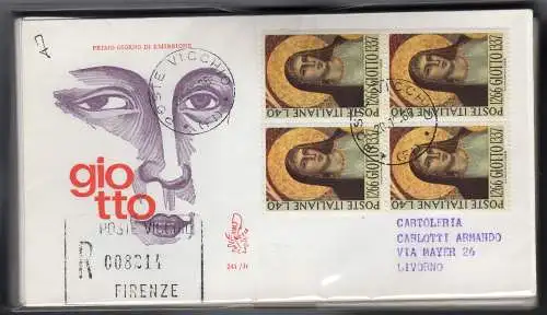 Italien FDC Venetia 1966 Giotto quartina voyata Racc. für Italien 723