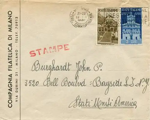 Mittelalter - Umschlag für die USA (Drucke) am 16.7.47 frankiert mit 1 + 2 Lire