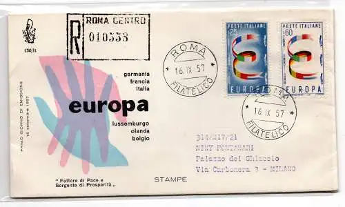 Italien 1957 Europa auf Umschlag FDC Venetia Racc ohne Ankunftsstornierung