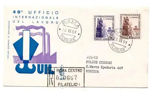 Italia 1959 U.I.L. auf FDC Venetia Racc Umschlag mit Ankunftsstornierung