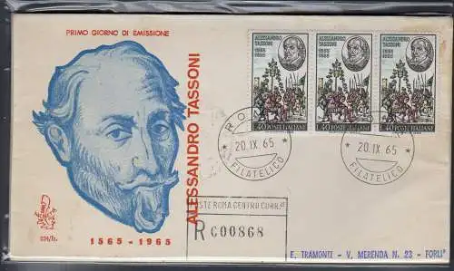 Italia 1965 4. Centenario Tassoni Dreierstreifen auf FDC Venetia Annullierung Rom