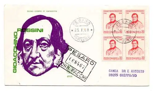 Italien FDC Venetia 1968 Rossini Viertelreise Racc. für Italien