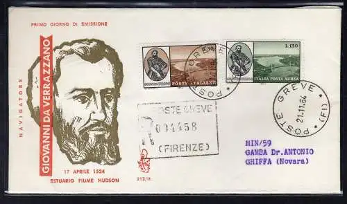 Italien FDC Venetia 1964 Giovanni da Verrazzano reiste Racc. für Italien