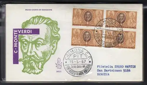 Italien FDC Venetia 1967 Monteverdi Viertelreise Racc. für Italien