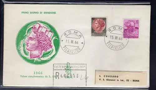 Italien FDC Venetia 1966 Syrakus Lire 130 gereist Racc. für Italien