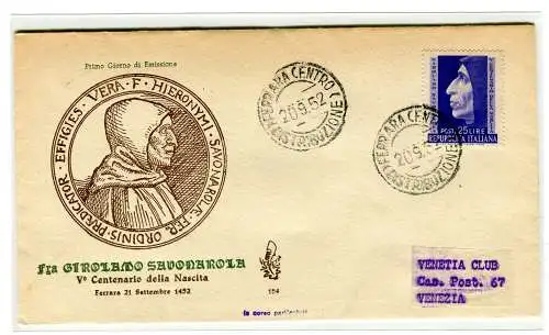 Italien FDC Venetia 1952 Savonarola nicht gereist