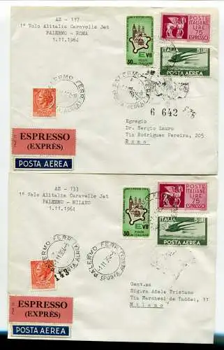 Alitalia Palermo/Rom und Palermo/Mailand vom 1.11.64 - Zwei Aerogramme