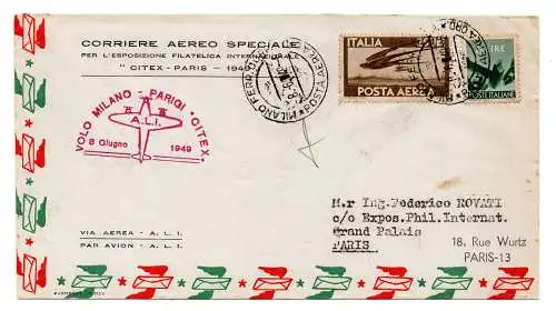 A.L.I. Mailand/Paris - Aerogramm mit Sonderflug vom 8.6.49