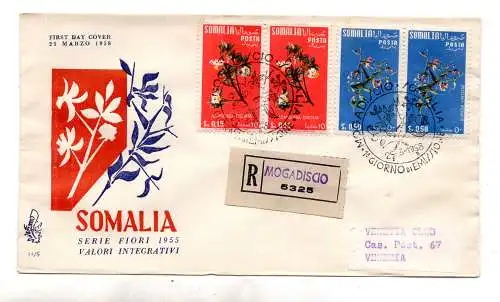 Somalia AFIS FDC Venetia 1958 Blumen Paar gereist Racc. für Italien