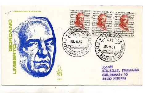 Italien FDC Venetia 1967 Giordano Dreierstreifen nach Italien gereist