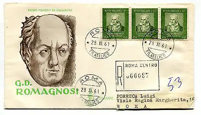 Italien FDC Venetia 1961 Romagnosi Dreierstreifen gereist Racc. für Italien