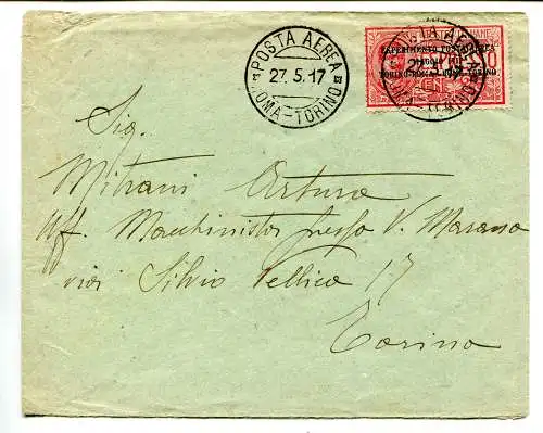 Luftpost Turin/Rom Nr.1 isoliert auf Umschlag nach Turin gestempelt Sonderstempel