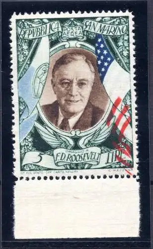 Roosevelt Lire 5 P.A. n. 63k rot verschoben über 8mm MNH