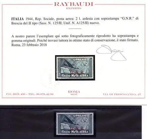 GNR Luftpost 2 Lire Brescia Nr. 125/II Raybaudi Zertifikat - MH