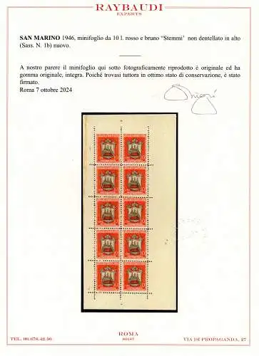 Kleinbogen Wappen Lire 10 Sorten Nr. 1b - Cert. Raybaudi