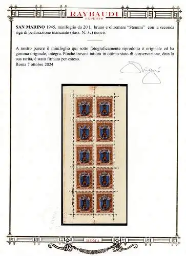 Kleinbogen Wappen Lire 20 Sorten Nr. 3c - Cert. Raybaudi oro - MNH