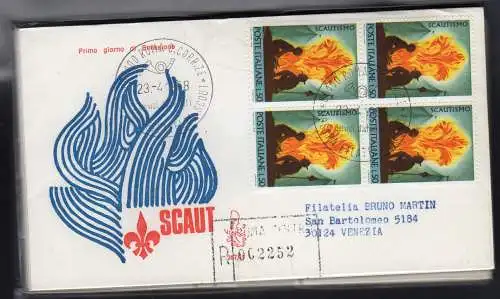 Italien FDC Venetia 1968 Scautismo quartina voyata Racc. für Italien