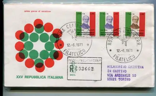 Italien FDC Venetia 1971 25.Ann.Repubblica 3er-Streifen gereist Racc.Italia