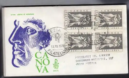 Italien FDC Venetia 1972 Canova Viertelreise Racc. für Italien