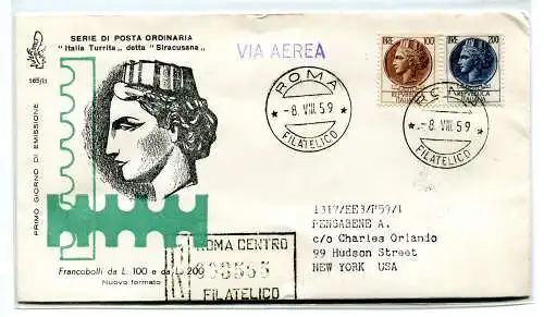 Italia FDC Venetia 1959 Siracusana L. 100 und 200 gereist Racc. ins Ausland