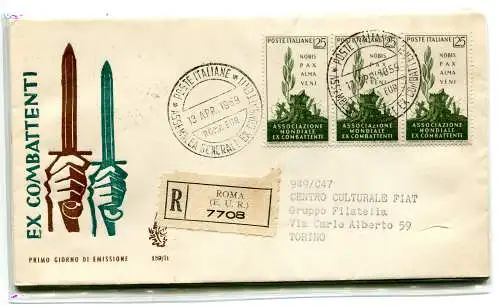 Italien FDC Venetia 1959 Ex Combattenti Streifen von 3 gereist Racc. l'Italia