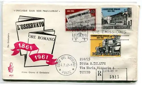 Vatikan FDC Venetia 1961 Osservatore Romano voyata Racc. für Italien