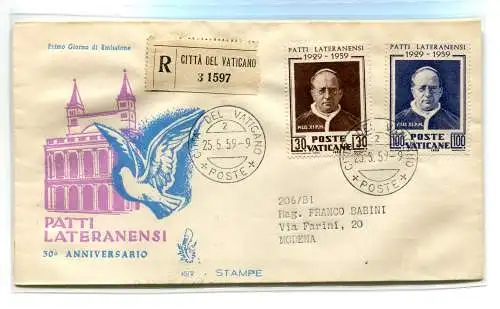 Vatikan FDC Venetia 1959 Lateranverträge gereist Racc. für Italien