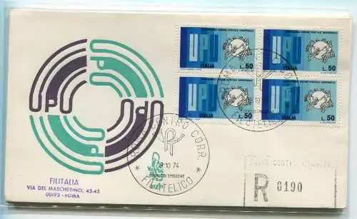 Italien FDC Venetia 1974 UPU Viertelreise Racc. für Italien