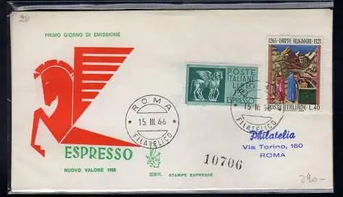 Italien FDC Venetia 1966 Espresso Lire 150 reiste nach Italien