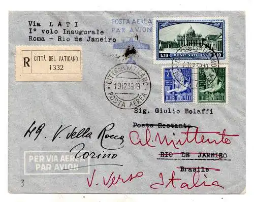 1939 (Vatikan) / Rom / Rio de Janeiro del 20.12.39 - Aerogramma