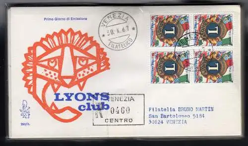 Italien FDC Venetia 1967 Lions Viertelreise Racc. für Italien