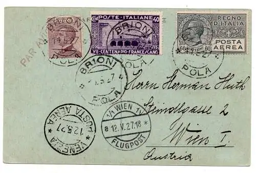 Luftpost Cent. 60 + Ergänzungen auf offizieller Postkarte der S.I.S.A.